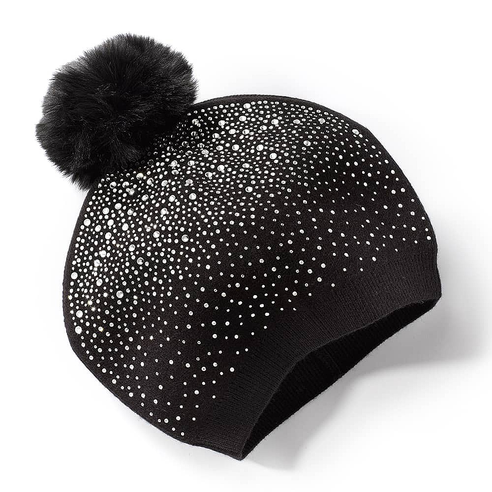 Sparkling Snowfall Black Pompom Hat