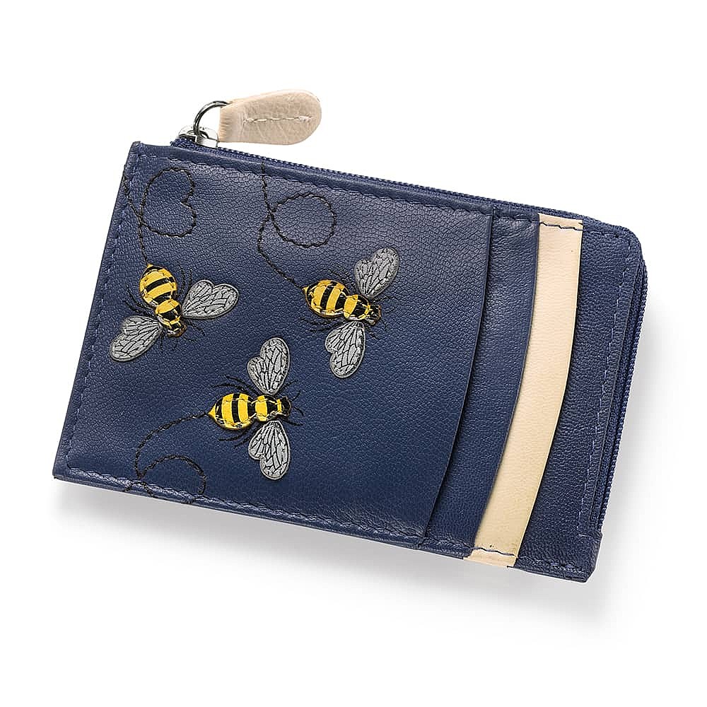 Blissful Bees Navy Leather Card Holder