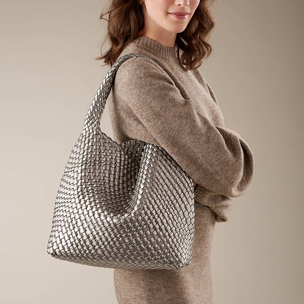 Woven In Elegance Pewter Faux Leather Bag